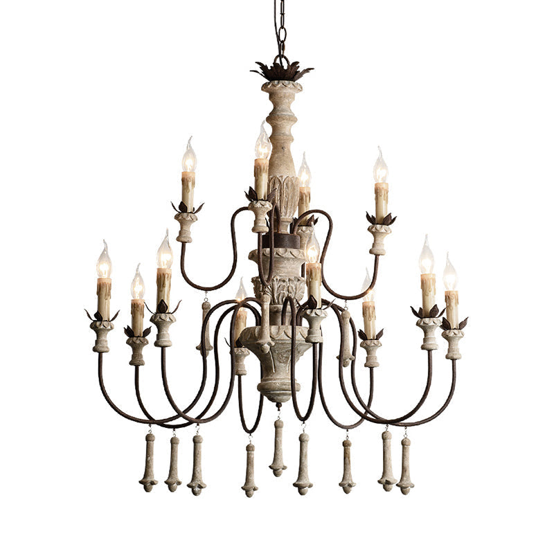 Rustic Brown 2-Tier Wood Chandelier Pendant Light - 12 Heads, Curved Metal Arm - for Living Room