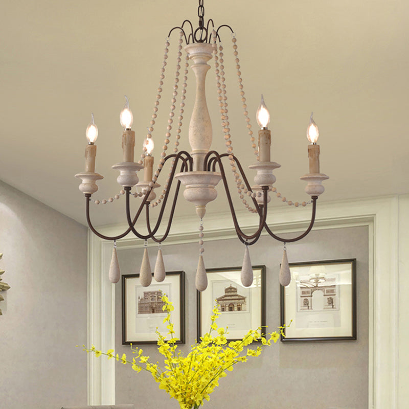 Rustic Wood Chandelier with 6 Bulbs and Bead Strand - Rural Candle Pendulum Light in White