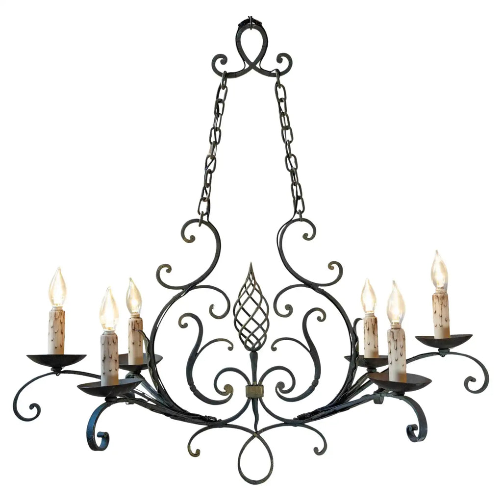 French 19th Century Six-Light Iron Chandelier with Spiral and Scrolling Arms
