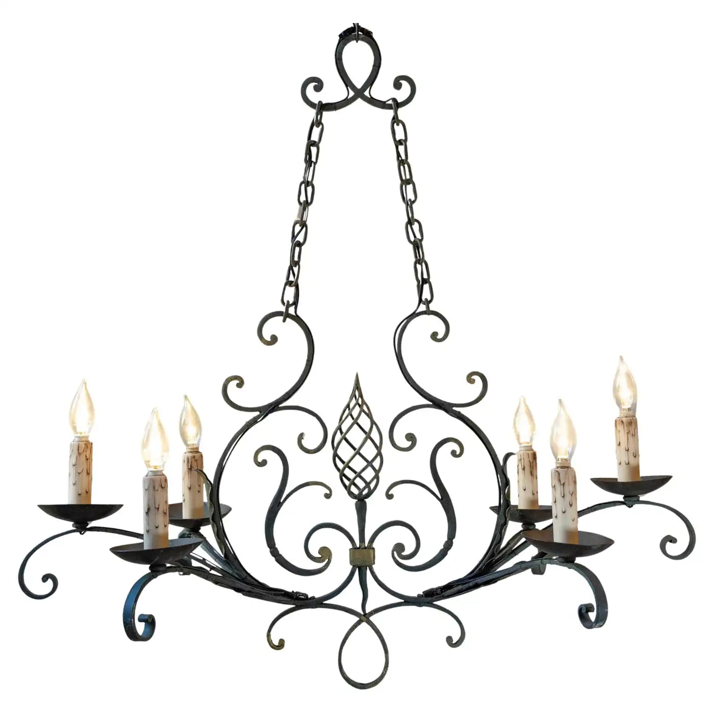 French 19th Century Six-Light Iron Chandelier with Spiral and Scrolling Arms