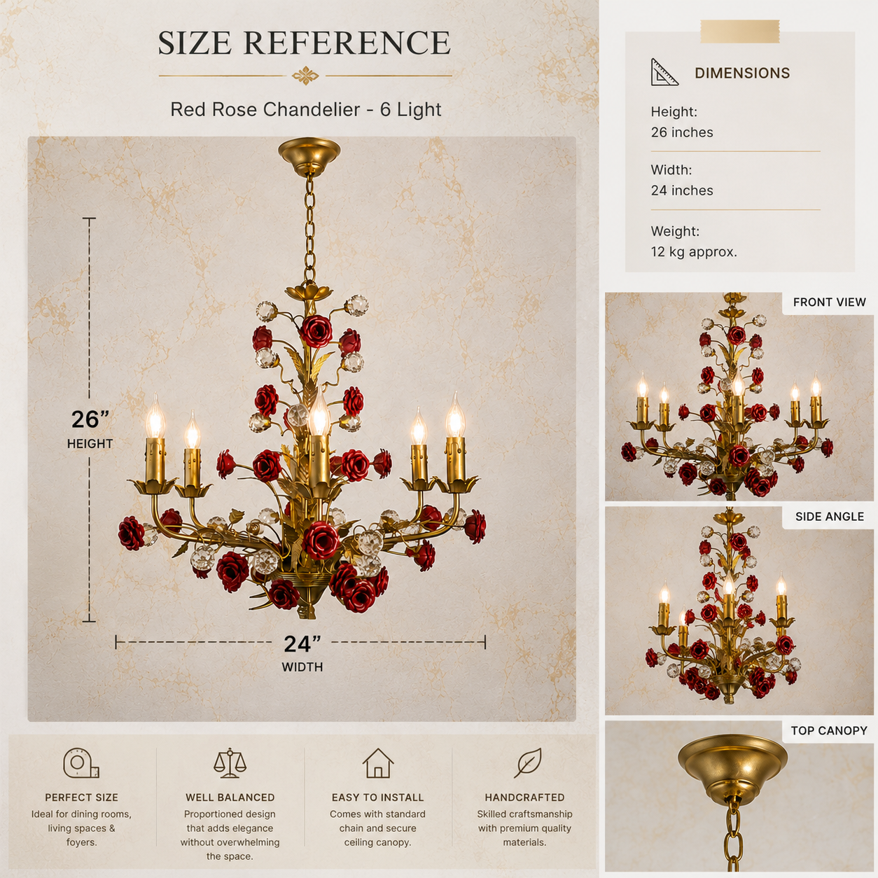 Floral Rose Chandelier - 6 Light Antique Gold Chandelier with Red Rose and Crystal Detail - View 4