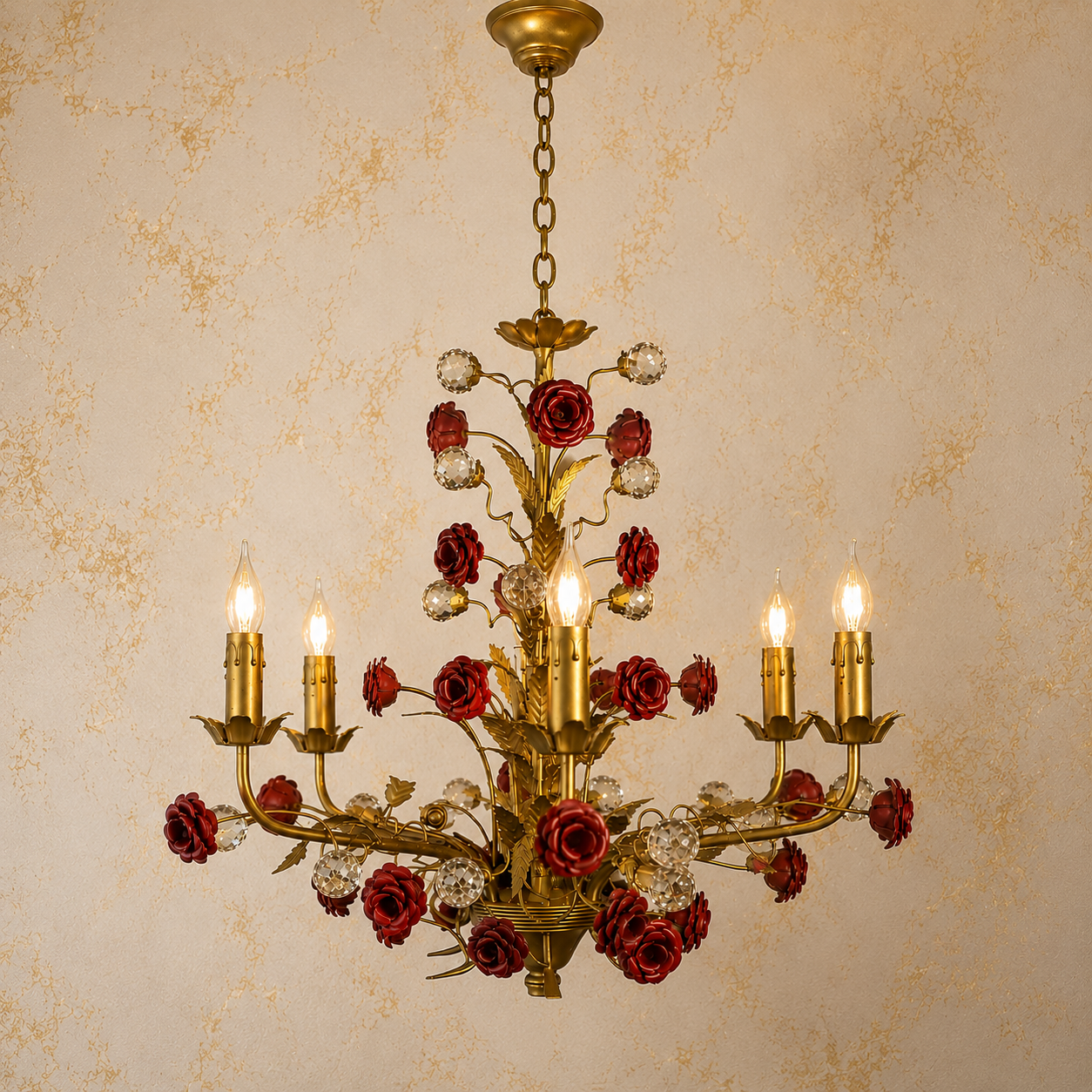 Floral Rose Chandelier - 6 Light Antique Gold Chandelier with Red Rose and Crystal Detail - View 5