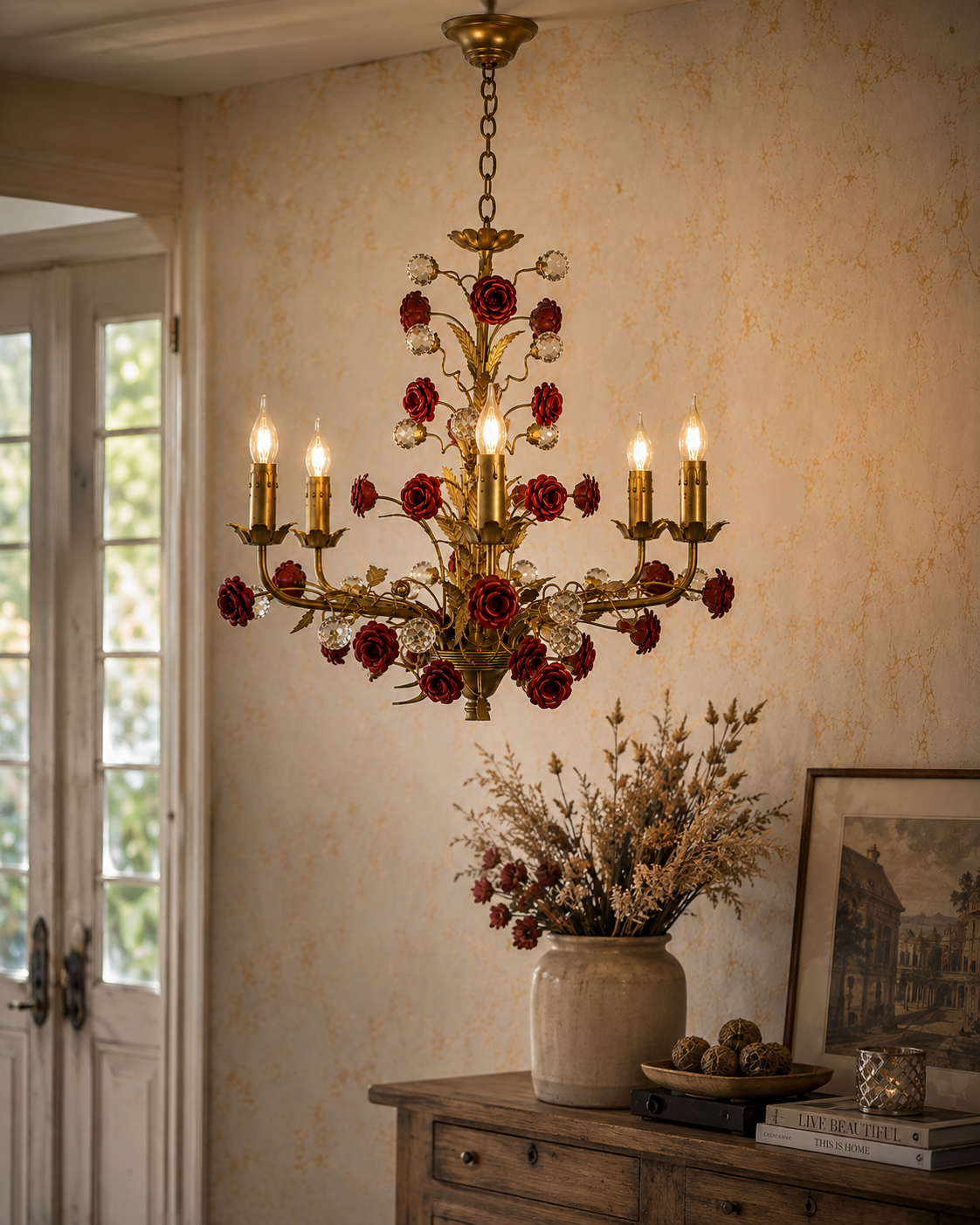 Floral Rose Chandelier - 6 Light Antique Gold Chandelier with Red Rose and Crystal Detail - View 2