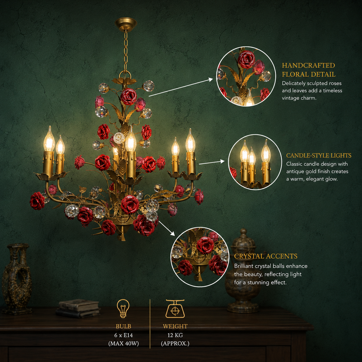 Floral Rose Chandelier - 6 Light Antique Gold Chandelier with Red Rose and Crystal Detail - View 3
