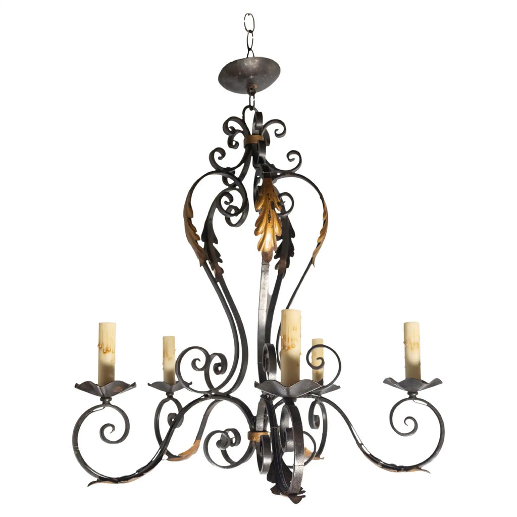 Handcrafted French wrought iron chandelier with gilt tole detailing