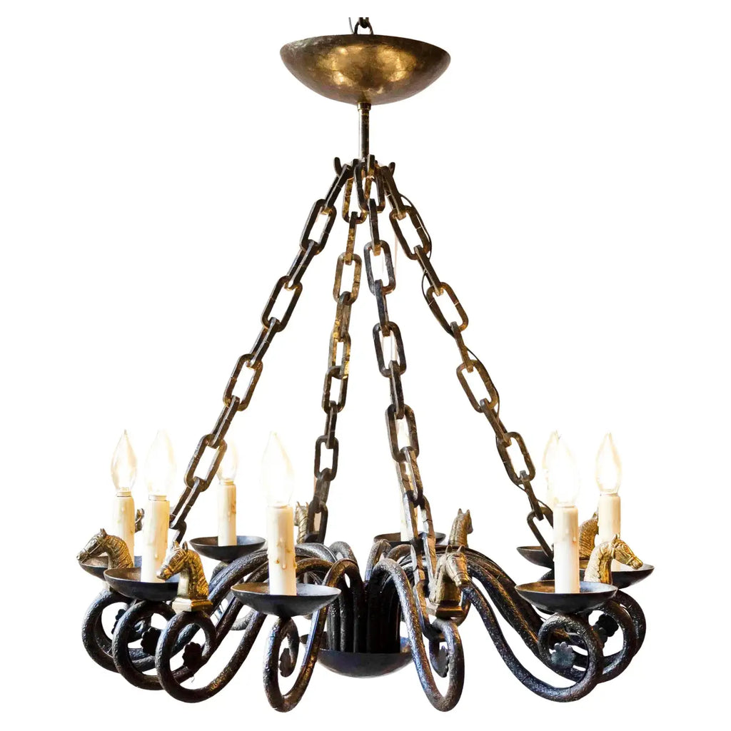 French horse-head chandelier, horse-head detail view