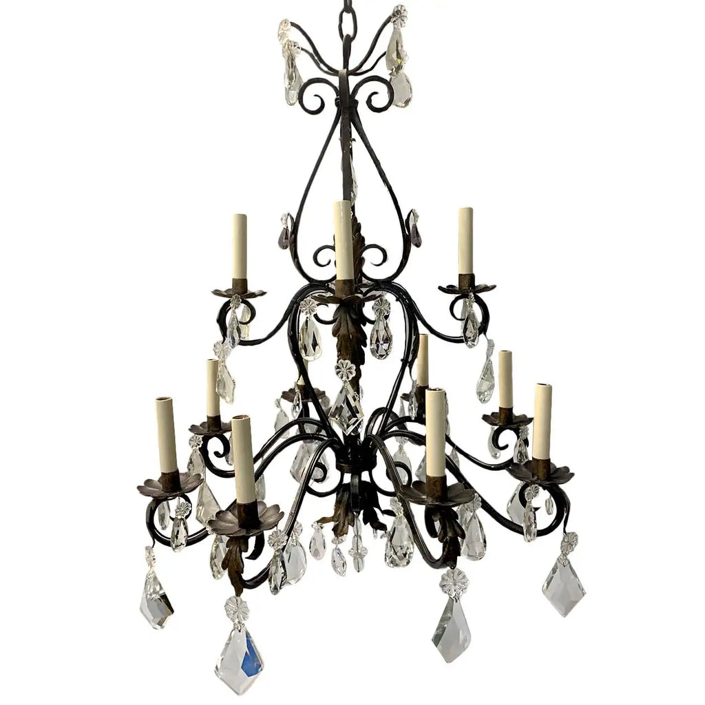 French iron crystal chandelier, alternate angle