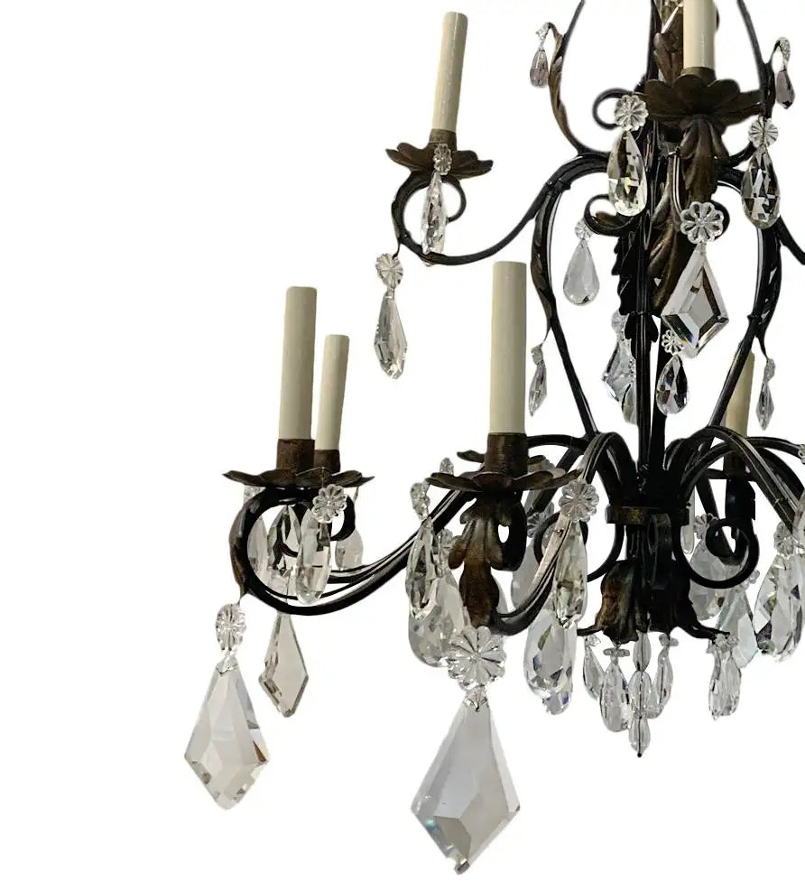 French iron crystal chandelier, close-up view