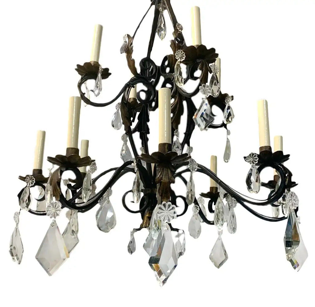 French iron crystal chandelier, crystal detail view