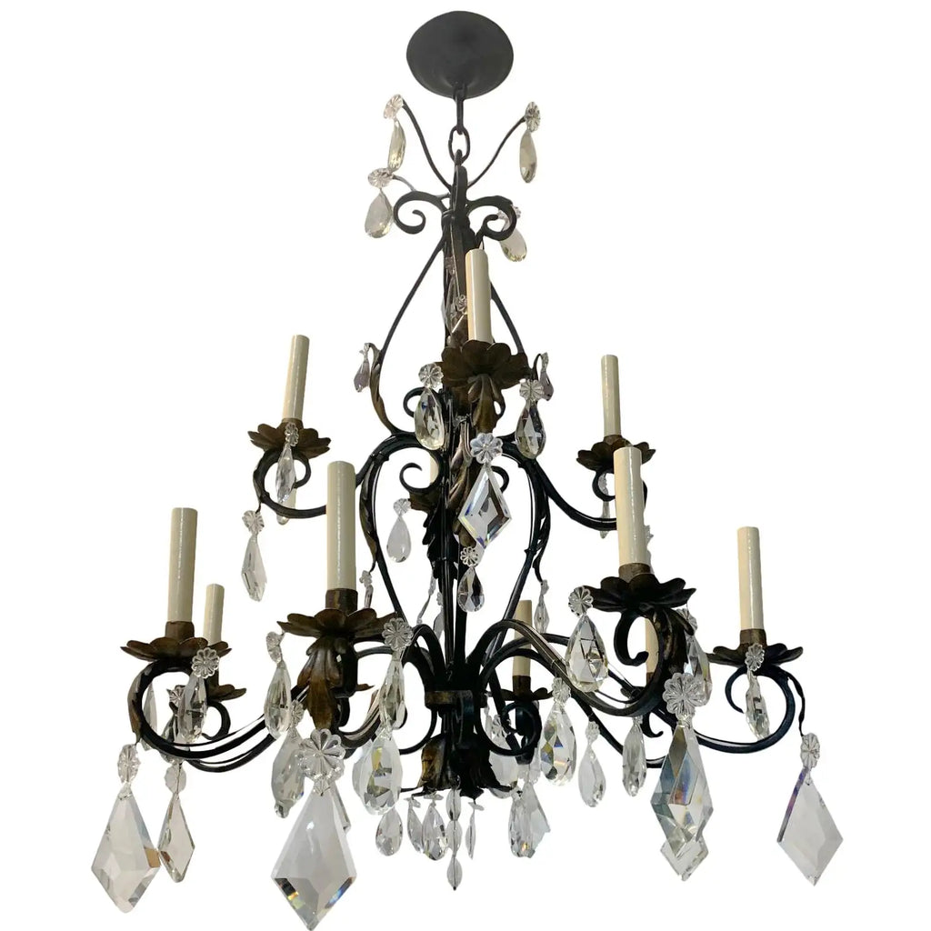 Handcrafted French wrought iron chandelier with cascading crystals