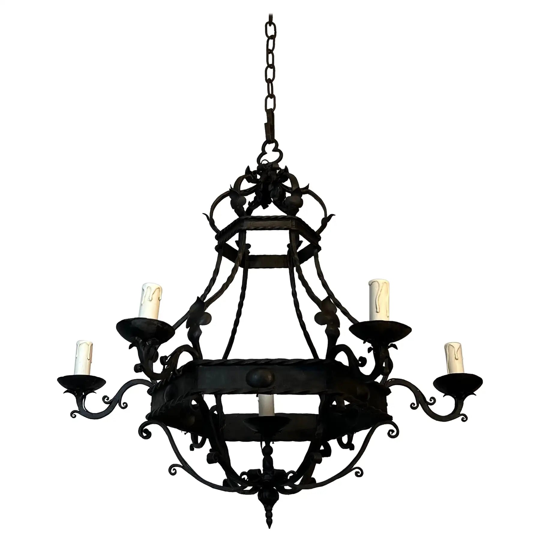 Handcrafted Gothic-style wrought iron cage chandelier with 7 lights