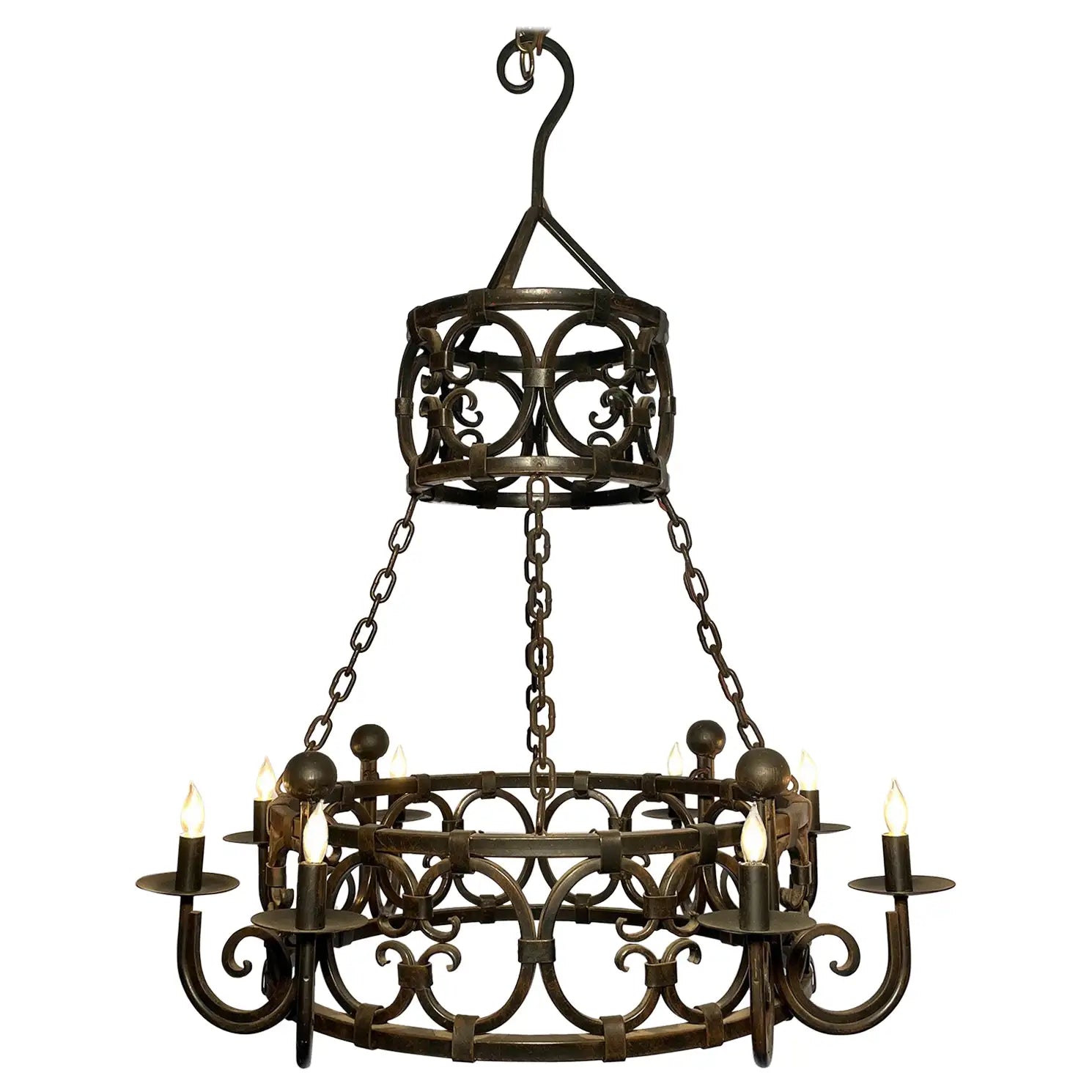 Hand-made French wrought iron chandelier with ornamental scrollwork