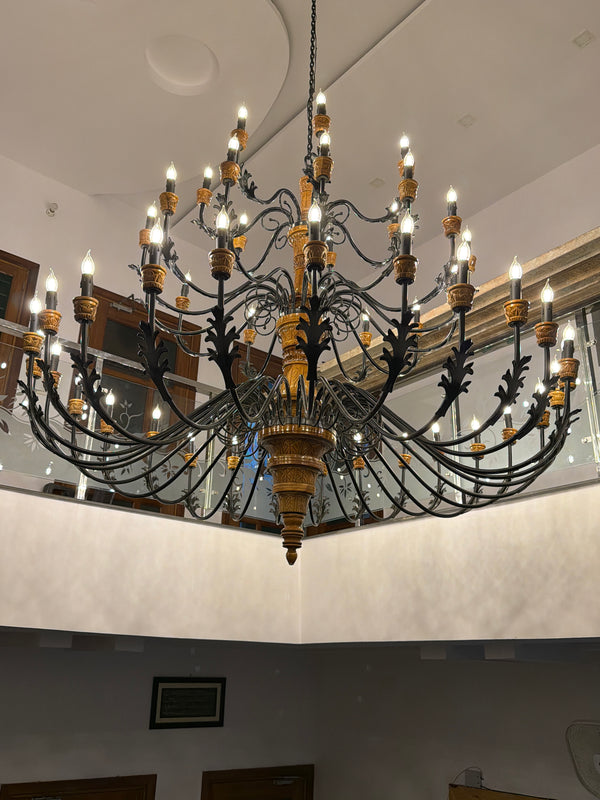 Imperial Bloom teak and wrought iron chandelier, alternate angle