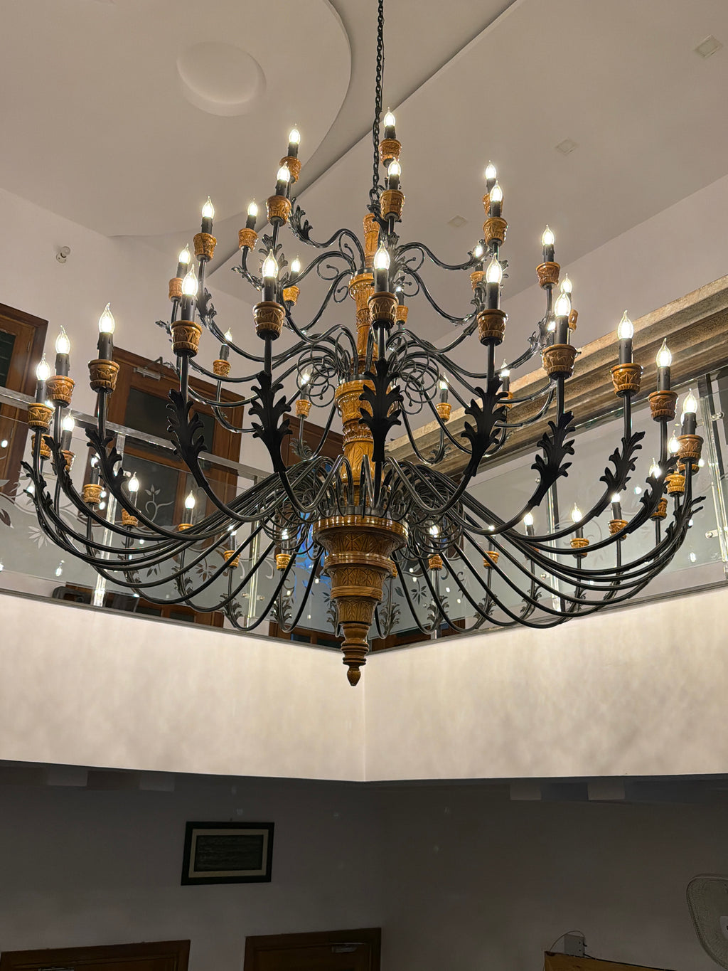 Imperial Bloom teak and wrought iron chandelier, alternate angle