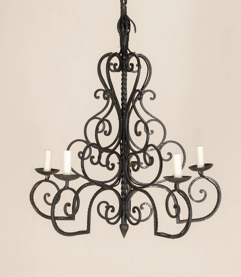 Large 1950s French Wrought Iron Chandelier