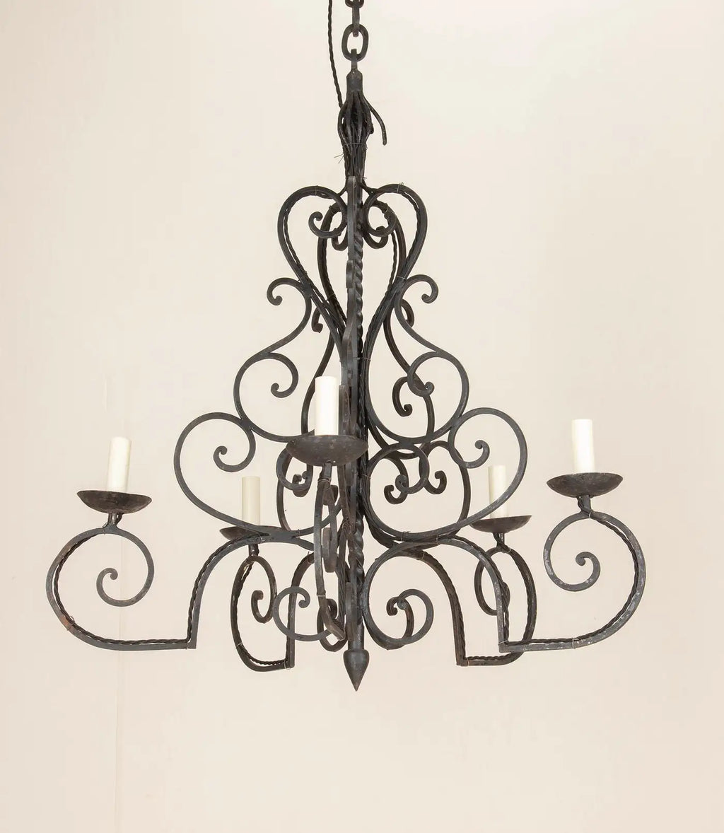 Large 1950s French Wrought Iron Chandelier