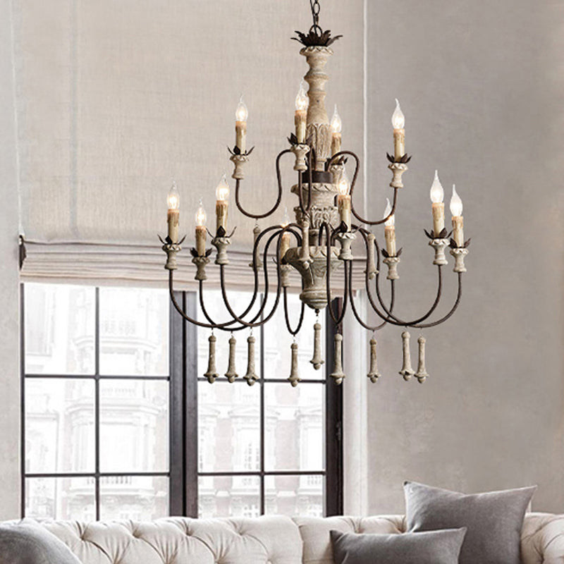 Rustic Brown 2-Tier Wood Chandelier 12 Heads, alternate angle