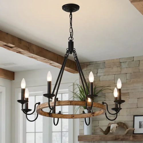 Handcrafted rustic wagon wheel chandelier candle black