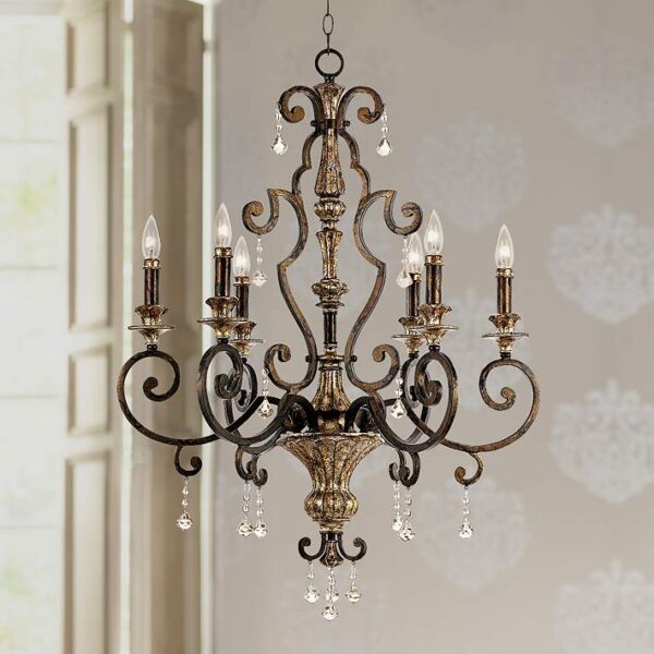 Wide Six Light Bronze Traditional Chandelier
