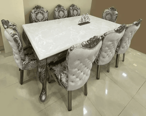 Marble Top 8 Seater Wooden Carved Dining Table Set 8 Seater