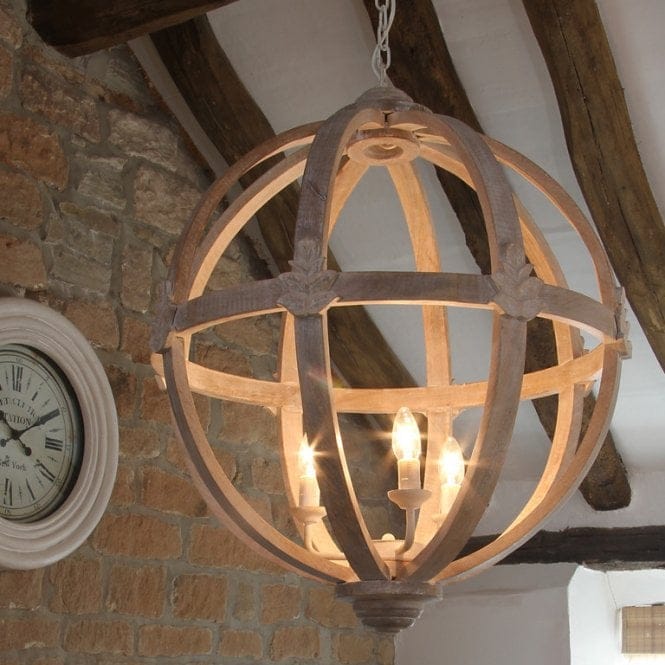 Chandelier | GLOBE RETRO WIDE WOODEN 6 LIGHT CHANDELIER