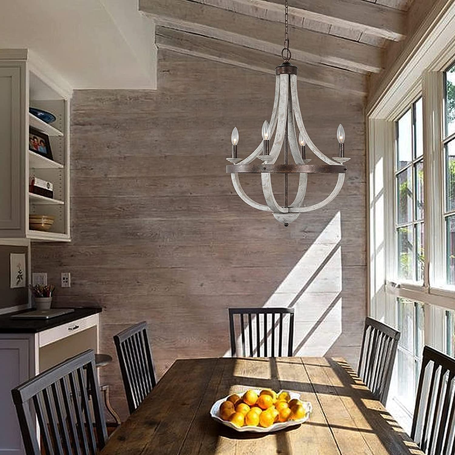 Chandelier | BARREL STAVE 5 LIGHT WHITE DISTRESS WOODEN CHANDELIER