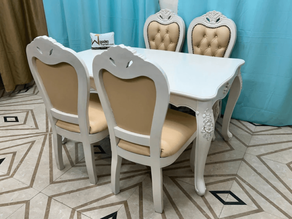 Wooden Twist Royal Look Hand Carved 4 Seater Dining Table Set ( White ) 6 Seater - Image 4