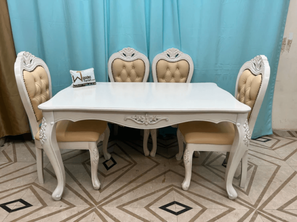 Wooden Twist Royal Look Hand Carved 4 Seater Dining Table Set ( White ) 6 Seater