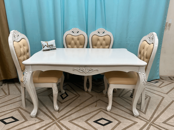 Wooden Twist Royal Look Hand Carved 4 Seater Dining Table Set ( White ) 6 Seater