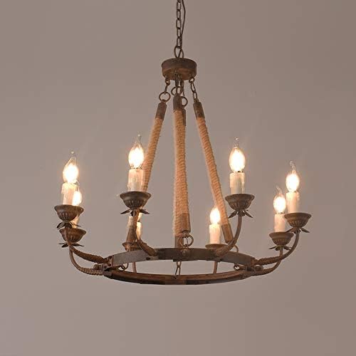 armhouse Candle Chandeliers Vintage 8-Light Flaxen Hemp Rope Chandelier Rustic Hanging Ceiling Pendant Light Fixture
