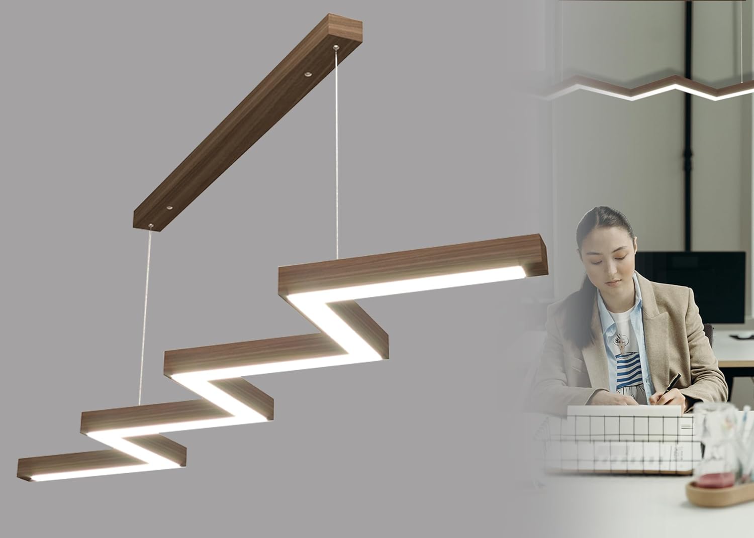 Linear Zig Zag Wooden Pendant Light Adjustable Hanging Ceiling Light in Acrylic Shade for Restaurant Cafe Bar Kitchen Dining Room Living Room