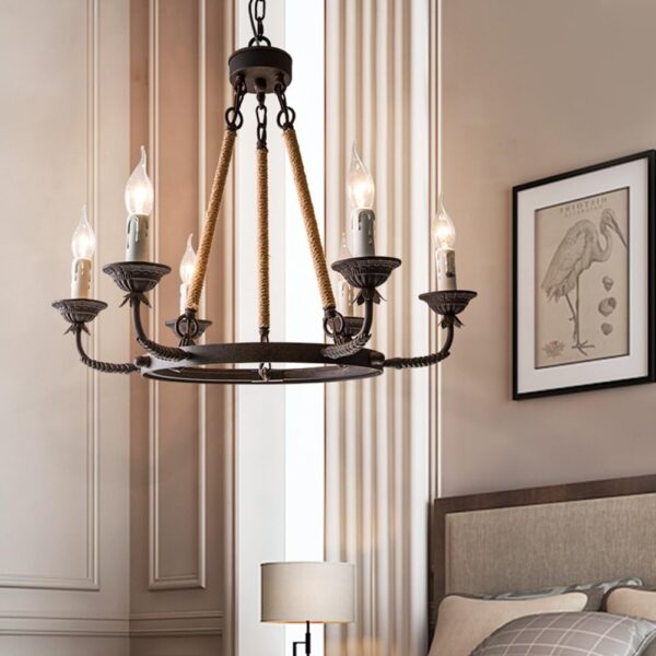 armhouse Candle Chandeliers Vintage 8-Light Flaxen Hemp Rope Chandelier Rustic Hanging Ceiling Pendant Light Fixture - Image 4