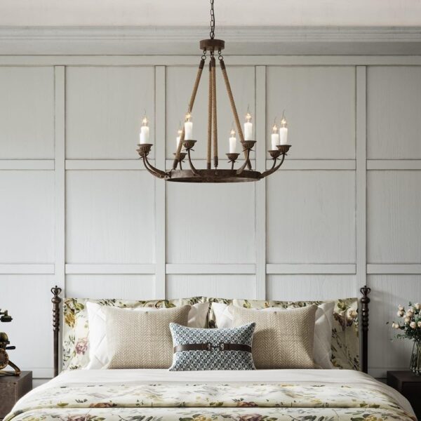 armhouse Candle Chandeliers Vintage 8-Light Flaxen Hemp Rope Chandelier Rustic Hanging Ceiling Pendant Light Fixture - Image 3
