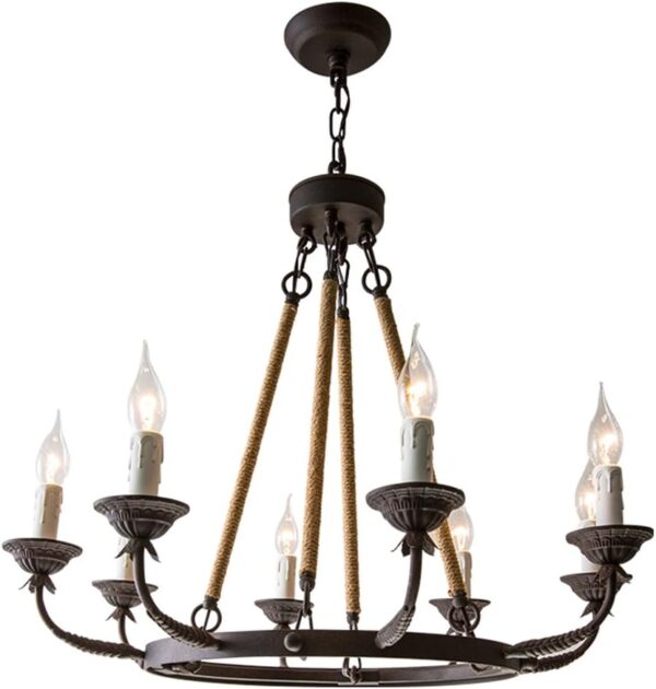 armhouse Candle Chandeliers Vintage 8-Light Flaxen Hemp Rope Chandelier Rustic Hanging Ceiling Pendant Light Fixture - Image 2