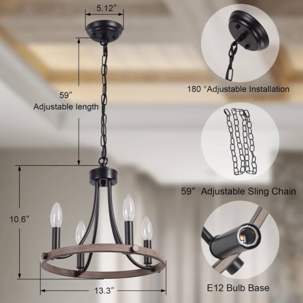 Wagon Wheel Chandelier for Dining Room, Black Farmhouse Chandelier 4 Lights Round Pendant Light, Rustic Hanging Light Fixtures for Kitchen Island Foyer Hallway - Image 3