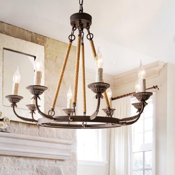 armhouse Candle Chandeliers Vintage 8-Light Flaxen Hemp Rope Chandelier Rustic Hanging Ceiling Pendant Light Fixture - Image 5