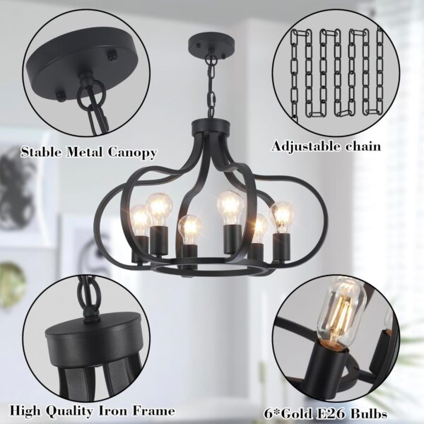 6 Lights Black Farmhouse Chandelier, Vintage Round Pendant Light Fixture, Height Adjustable Hanging Light Ceiling Light Chandelier for Dining Room Kitchen Island Foyer Hallway - Image 5