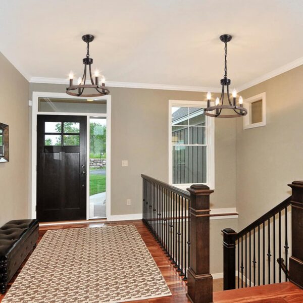 Wagon Wheel Chandelier for Dining Room, Black Farmhouse Chandelier 4 Lights Round Pendant Light, Rustic Hanging Light Fixtures for Kitchen Island Foyer Hallway - Image 8