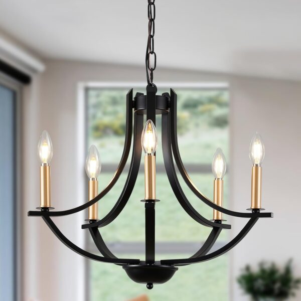 Dining Room Light Fixture, 5-Light Kitchen Chandelier Pendant Light with Black and Gold Finish Farmhouse Metal Rustic Chandelier for Living Room