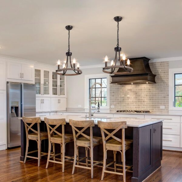 Wagon Wheel Chandelier for Dining Room, Black Farmhouse Chandelier 4 Lights Round Pendant Light, Rustic Hanging Light Fixtures for Kitchen Island Foyer Hallway - Image 2