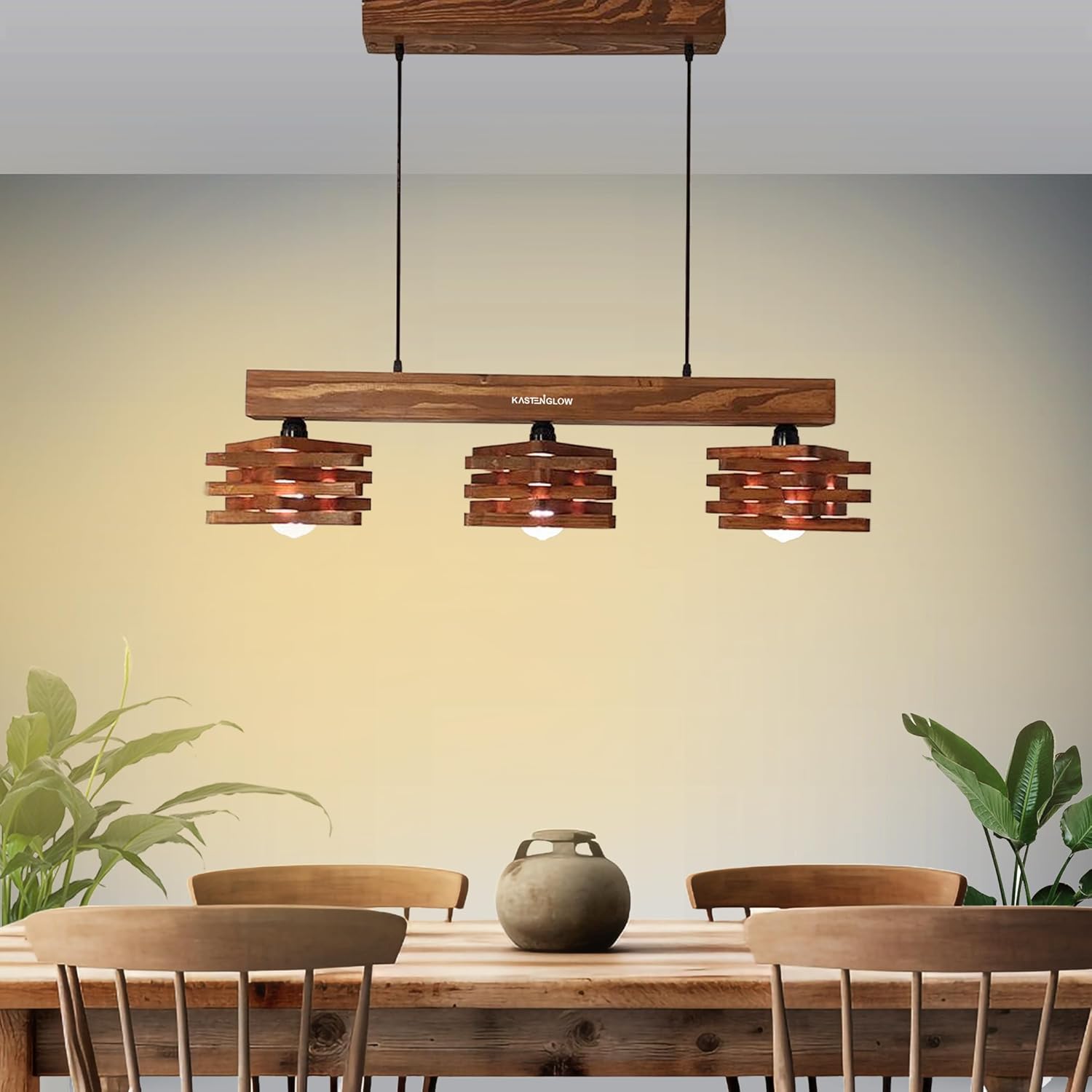 Wooden Square Hanging Ceiling Light | Table Kitchen Vintage Wooden Pendant Light | 3 Lights Suspension Restaurant, Cafe, Kitchen & Dining Room Home Decor