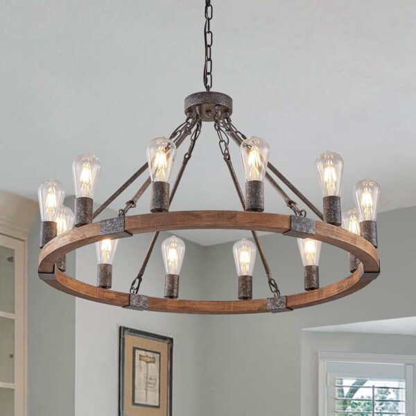 Wagon Chandelier Wheel Chandelier 31" Black Rustic Chandelier Light Fixtures Chandelier 12-Light Wood Chandelier Round Chandelier for Dining Room Chandelier Living Room Entryway Chandelier Foyer