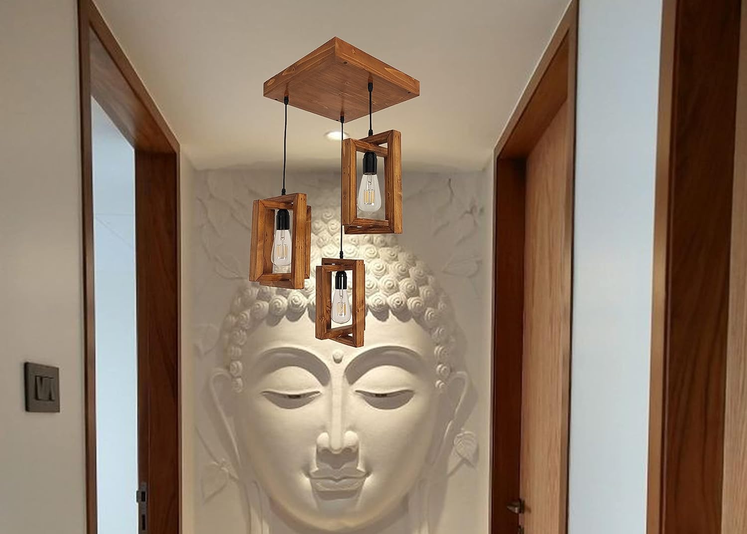 Cubicle Wooden 3-Lights Linear Cluster Chandelier Modern Wooden Hanging Lamp Cubicle Shaped Crossed Design Pendant Light for Home, Living Room, Kitchen, Bedroom, Study, Resturant