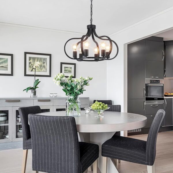 6 Lights Black Farmhouse Chandelier, Vintage Round Pendant Light Fixture, Height Adjustable Hanging Light Ceiling Light Chandelier for Dining Room Kitchen Island Foyer Hallway - Image 4