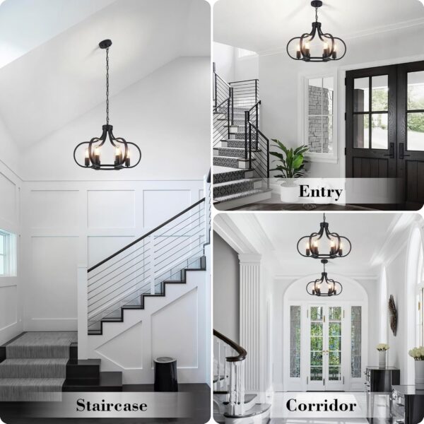6 Lights Black Farmhouse Chandelier, Vintage Round Pendant Light Fixture, Height Adjustable Hanging Light Ceiling Light Chandelier for Dining Room Kitchen Island Foyer Hallway - Image 6
