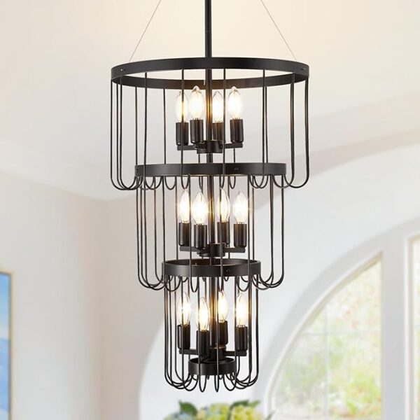 Iron Chandelier, Black Farmhouse Chandelier,12 Light Lantern Tiered Pendant Light Fixtures, Modern Chandeliers, Round Chandelier, Chandeliers for High Ceilings, (height : 36 inch)