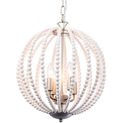 Chandelier | Wood Beaded Chandelier Orb Pendant Light Fixture Farmhouse 4-LightCandle Globe Chandelier White Beades for Dining Room