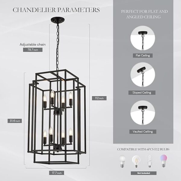 Iron chandelier | Chandelier |112 inch | 8-Light Lantern Tiered Pendant Light Fixtures, Black Metal Farmhouse Chandelier Hall Foyer Hanging Chandelier for Kitchen Island Dining Room Living Room Foyer Entryway, Black - Image 3