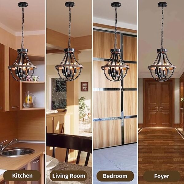Chandelier | Farmhouse Chandelier, Modern Hanging Pendant Lighting, 4-Light Rustic Ceiling Light Fixture, Vintage Chandelier for Hallway Foyer Dining Room Entryway Kitchen Island Bedroom - Image 3
