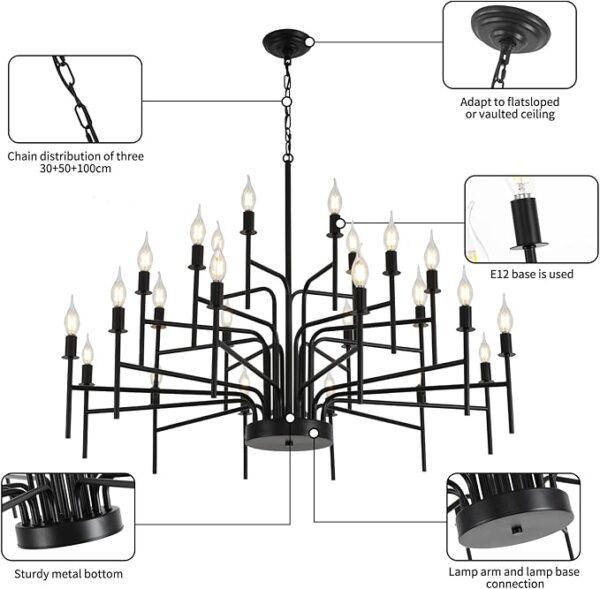 Iron Chandelier, Farmhouse Chandelier 24 Light Large Black Chandeliers for Dining Room Light Fixture, Chandelier 3-Tier for High Ceilings Foyer Living Room Entryway Hallway, Iron chandelier (size : 40inch width 36inch height)) - Image 4